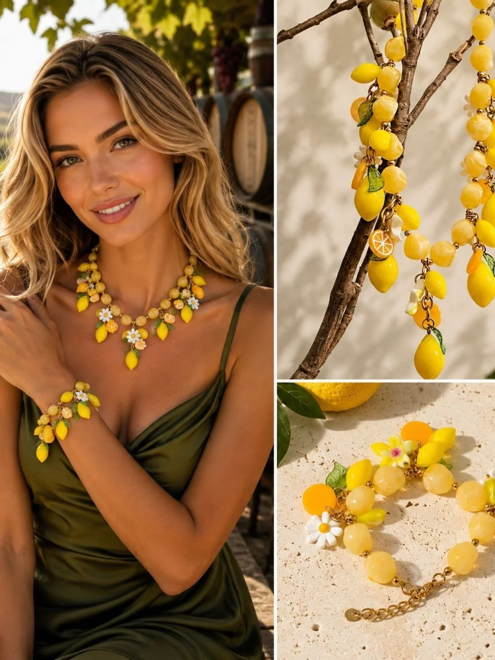 Lemon Drop Floral Bead Necklace & Bracelet Set - Yellow - Picture 3 of 5